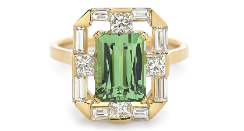 <a href="http://www.emilypwheeler.com" target="_blank" rel="noopener">Emily P. Wheeler</a> mint garnet ring with diamonds set in 18-karat yellow gold ($14,200)