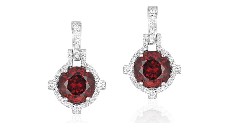 <a href="($2,900)%20www.goshwara.com" target="_blank">Goshwara</a> “Gossip” earrings with round, faceted garnets in 18-karat white gold with diamonds