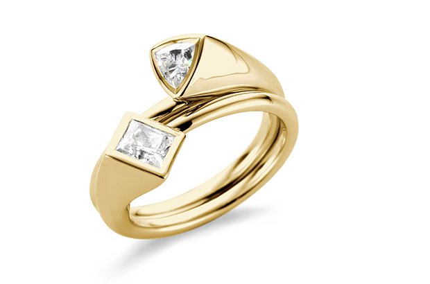 Two coming together as one: this look by Laurence Bruyninckx is called “Enrapture” and is composed of two stacked rings, both made in 18-karat yellow gold with one trillion-shaped diamond and a princess-cut diamond ($2,380 not including center stones). <a target="_blank" href="http://www.lx-antwerp.com/"><span style="color: #ff0000;">LX-Antwerp.com</span></a>