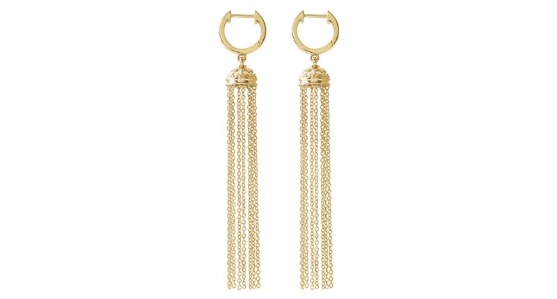<p><a href="https://www.stuller.com" target="_blank" rel="noopener">Stuller</a> 14-karat yellow gold hinged hoop chain earrings ($987) </p>
