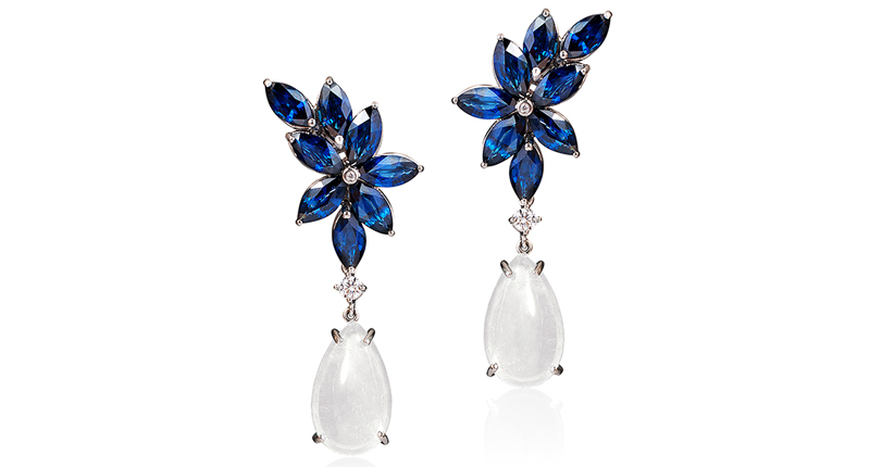 <a href="http://www.goshwara.com" target="_blank" rel="noopener">Goshwara</a> cluster earrings with marquise-shaped blue sapphire and pear-shaped cabochon moon quartz in 18-karat white gold with omega back and detachable pear-shaped cabochon (price available upon request)