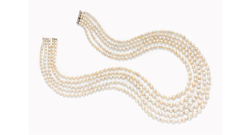 This five-strand natural pearl and diamond necklace is estimated to go for between $350,000 and $500,000 in May.