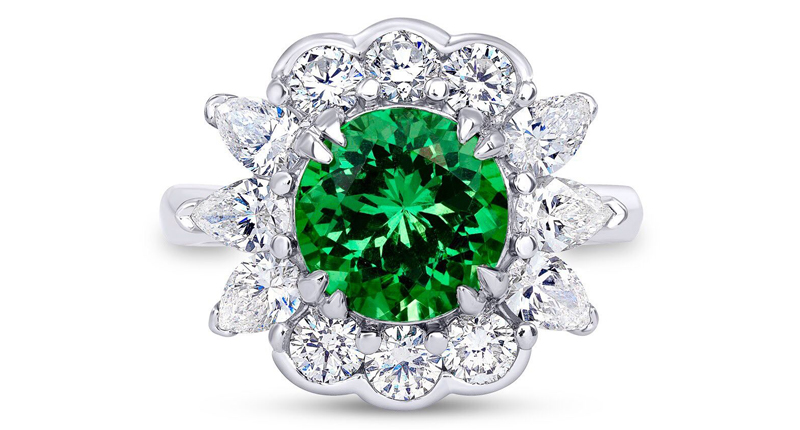 <a href="http://www.aggems.com" target="_blank" rel="noopener">AG Gems</a> 2.82-carat tsavorite garnet ring complemented by pear-shaped diamonds and round brilliant-cut diamonds set in platinum ($24,000)
