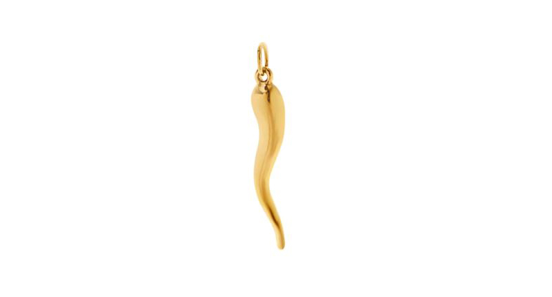 A 14-karat gold cornicello pendant by Ariel Gordon ($95). The horn-shaped pendant is believed to ward off bad intentions. (Image courtesy of Ariel Gordon website) A 14-karat gold cornicello pendant by Ariel Gordon ($95). The horn-shaped pendant is believed to ward off bad intentions. (Image courtesy of Ariel Gordon website)