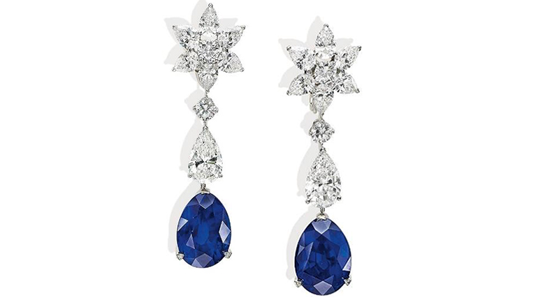 These Cartier ear pendants boast Burmese sapphires, weighing 24.69 and 25.63 carats, and diamond-set star tops. They are predicted to sell in the range of $600,000 and $800,000.