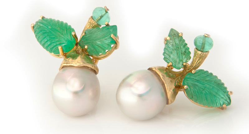 <a href="http://www.elizabethblair.com/" target="_blank" rel="noopener noreferrer">Elizabeth Blair Fine Pearls</a> Australian South Sea cultured pearls with carved emerald leaves fabricated in 18-karat gold ($13,000)
