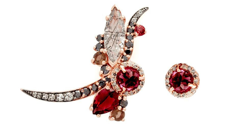 <a href="http://www.annasheffield.com" target="_blank" rel="noopener">Anna Sheffield</a> “Butterfly” earrings with a rose-cut garnet center stone and marquise-cut black rutilated quartz surrounded with rhodolite garnet and smoky quartz with gray and black diamond pavé in 14-karat rose gold ($6,300)