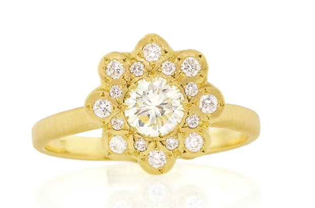 “Moon Flower” ring in 18-karat satin-finished yellow gold with hand-set center diamond accented with diamond petals, by Adel Chefridi ($6,750) <a href="http://www.chefridi.com/" target="_blank"><span style="color: rgb(255, 0, 0);">Chefridi.com</span></a>