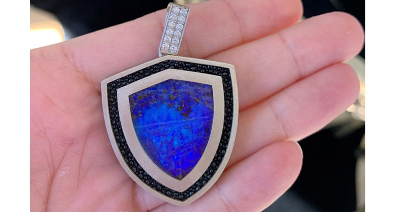 Designer Katherine Jetter wrote that the scale of this opal pendant is really its “winning feature.” “Clearly I wasn’t thinking anything useful at all when I designed this. I saw this super-cool opal cut like a shield and thought I should branch into the men’s sector; it was an obvious creative choice.” Designer Katherine Jetter wrote that the scale of this opal pendant is really its “winning feature.” “Clearly I wasn’t thinking anything useful at all when I designed this. I saw this super-cool opal cut like a shield and thought I should branch into the men’s sector; it was an obvious creative choice.”