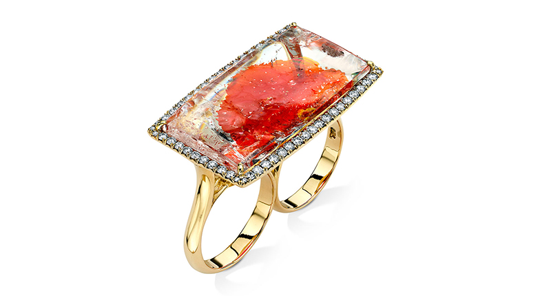 Pamela Huizenga Jewelry’s 18-karat gold double finger ring with “Dragon’s Blood”--hematite in quartz--and diamonds ($17,000) <br /><a href="http://www.pamelahuizenga.com/" target="_blank">PamelaHuizenga.com</a>