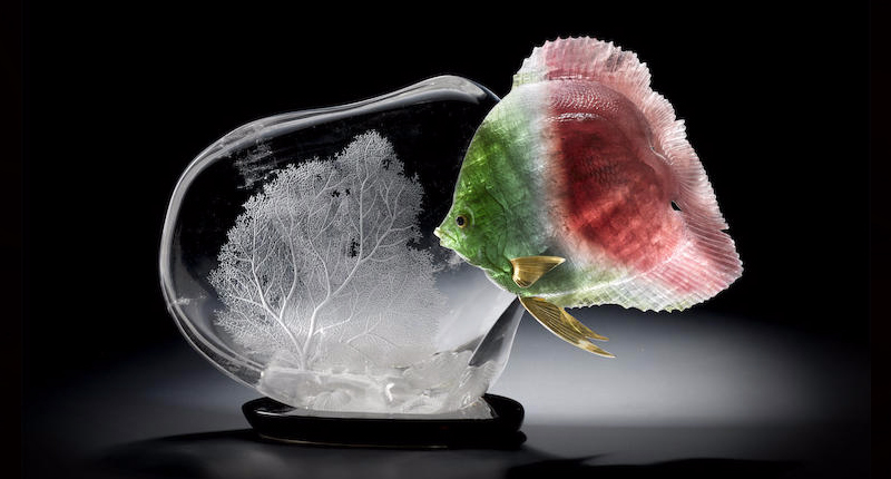 The tourmaline fish on this Dreher piece measure eight inches across, around the size of a small dinner plate, and is decorated with 18-karat yellow gold fins atop rock crystal. Bonhams expects it to garner between $20,000 and $30,000. The tourmaline fish on this Dreher piece measure eight inches across, around the size of a small dinner plate, and is decorated with 18-karat yellow gold fins atop rock crystal. Bonhams expects it to garner between $20,000 and $30,000.