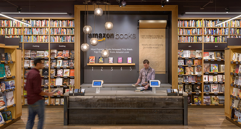 Two of the four e-tailers on the $100 Million Supersellers list continue to open brick-and-mortar stores. Amazon has a grocery store in Seattle as well as a number of book stores, one of which is pictured here. Two of the four e-tailers on the $100 Million Supersellers list continue to open brick-and-mortar stores. Amazon has a grocery store in Seattle as well as a number of book stores, one of which is pictured here.