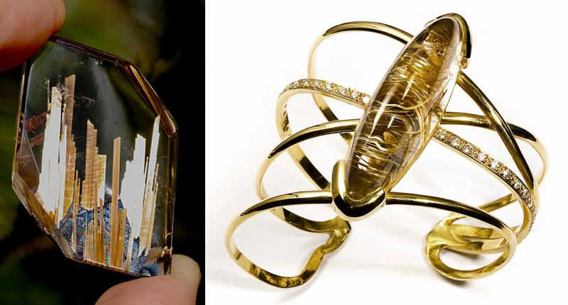 At left, a piece of rutilated quartz with hematite from Brian Cook’s mine in Brazil; at right, a bracelet by brand Fifi Bijoux featuring a rutilated quartz supplied by Cook’s company, Nature’s Geometry At left, a piece of rutilated quartz with hematite from Brian Cook’s mine in Brazil; at right, a bracelet by brand Fifi Bijoux featuring a rutilated quartz supplied by Cook’s company, Nature’s Geometry