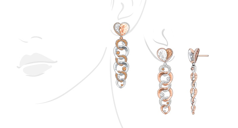 Earrings in 18-karat white gold and 18-karat red gold with fancy color and colorless diamonds, each earring featuring a pear-shape 3-carat diamond.