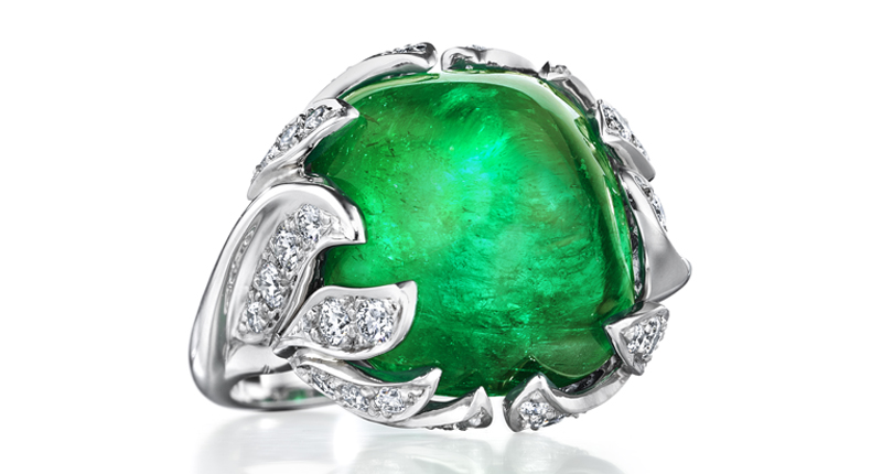 <a href="http://www.oscarheyman.com/" target="_blank" rel="noopener noreferrer">Oscar Heyman</a> 18-karat white gold and diamond ring with emerald cabochon (price available upon request)