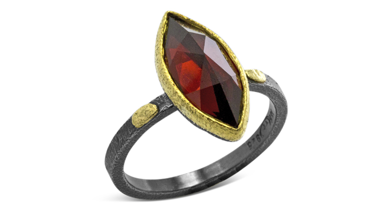 <a href="https://ronafisher.com/collections/whats-new/products/textured-pebbles-marquise-garnet-ring" target="_blank" rel="noopener">Rona Fisher</a> “Pebbles” marquise-cut garnet ring in textured oxidized sterling silver and 18-karat gold ($595) 