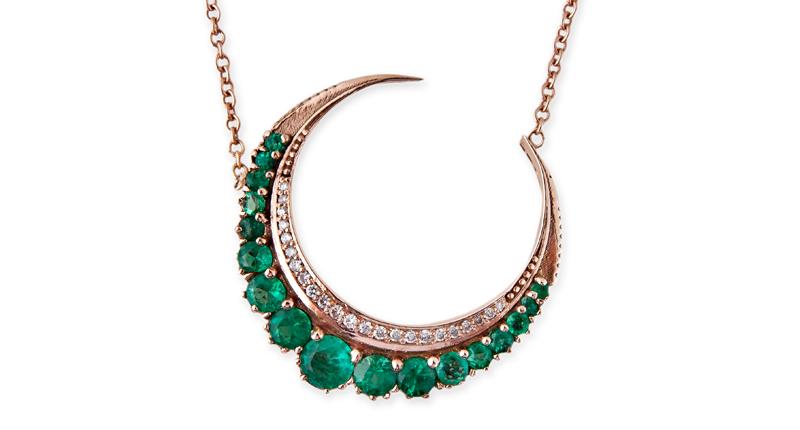 <a href="https://jacquieaiche.com/" target="_blank" rel="noopener noreferrer">Jacquie Aiche</a> emerald Crescent Moon necklace set in 14-karat rose gold ($7,750)