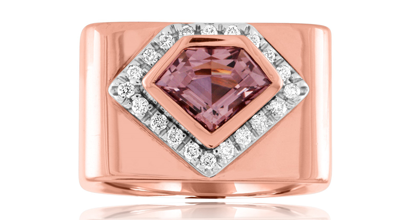 <a href="http://www.julielambNY.com" target="_blank" rel="noopener">Julie Lamb</a> “Skyscraper” pinky ring with an Anza Gems Mahenge pink garnet and diamonds set in 14-karat rose and white gold ($3,500) 