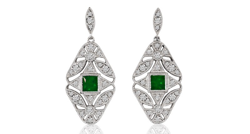 <a href="https://www.brevani.com" target="_blank" rel="noopener">Brevani</a> filigree detailed emerald drop earrings in 14-karat white gold with diamonds ($1,889)