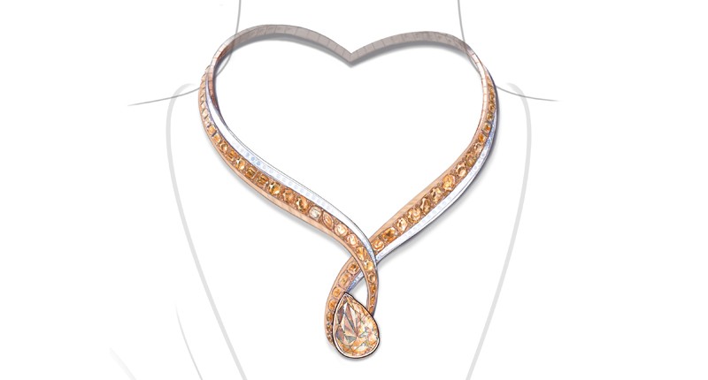 <p>A necklace with fancy and colorless diamonds, featuring a fancy brown-yellow 27.02-carat diamond at center, set in 18-karat white gold and 18-karat red gold.</p>