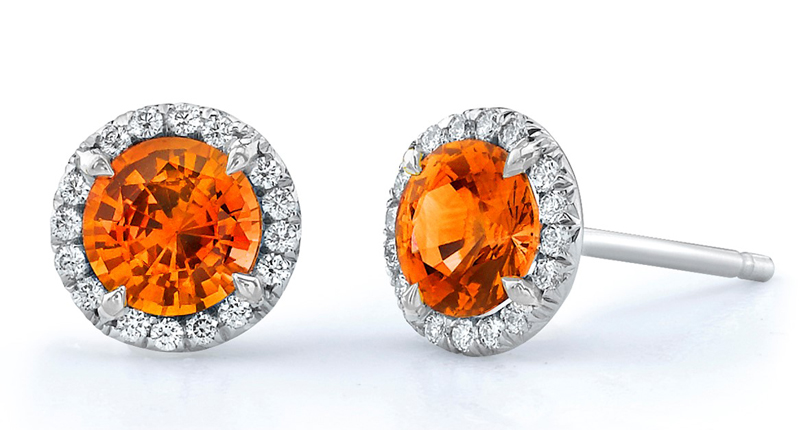 <a href="http://www.omiprive.com" target="_blank" rel="noopener">Omi Privé</a> round spessartine and diamond studs set in platinum ($3,800) 