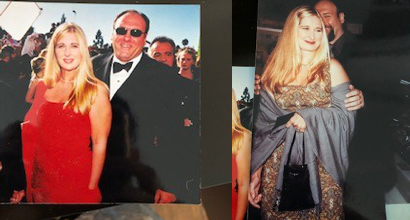 Known as "the jewelry girl" on sets, Levison began supplying jewelry for the cast and their signifcant others on the red carpet. Pictured at left is Gandolfini with first wife Marcy at the Emmys in a Stefan Hafner spring wire collar "to be more sleek and minimalist with the red dress," Levison said. At right, at another Emmys appearance, Marcy wears a platinum and gold Christian Tse necklace to complement the "more Renaissance" look. (Images courtesy of Lauren Kulchinsky Levison)