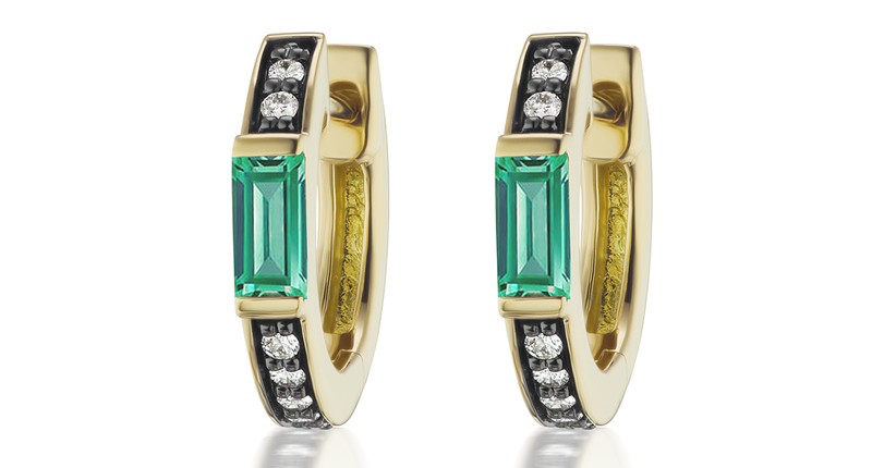 <a href="https://www.sorellinanewyork.com" target="_blank" rel="noopener">Sorellina</a> baguette emerald and diamond huggies set in 18-karat yellow gold ($950)