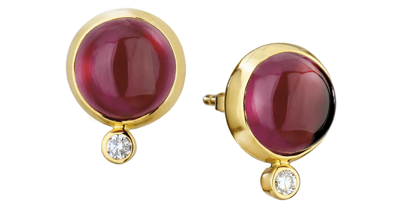 <a href="http://www.synajewels.com" target="_blank" rel="noopener">Syna Jewels</a> 18-karat yellow gold stud earrings with rhodolite garnet and diamonds ($1,450)