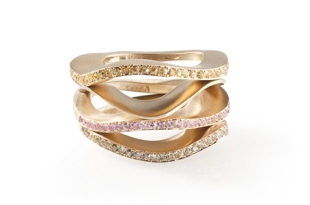 The 18-karat yellow gold “Mood Swings” stripes rings are available with diamonds or sapphires (from $2,620 to $3,580). The 18-karat yellow gold “Mood Swings” stripes rings are available with diamonds or sapphires (from $2,620 to $3,580).