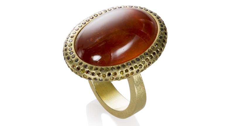 <a href="http://www.toddreed.com" target="_blank" rel="noopener">Todd Reed</a> one-of-a-kind ring with a 47.66-carat oval cabochon mandarin garnet and diamonds in 18-karat yellow gold ($56,000)