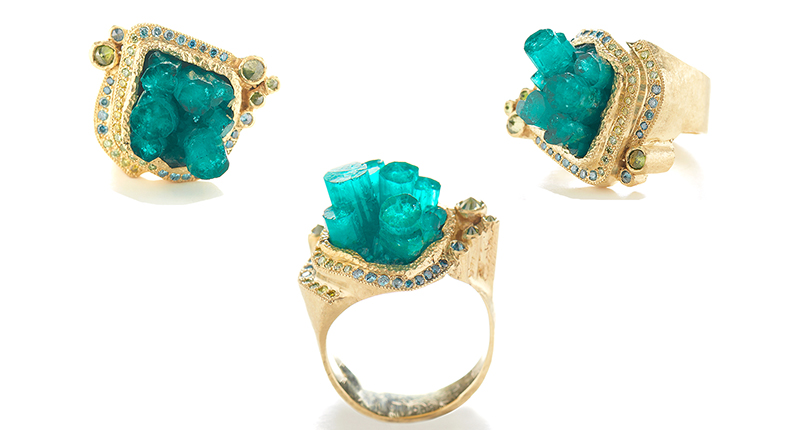 Jennifer Dawes’s “Emerald City Ring” in hand-hammered 18-karat yellow gold with a 9-carat emerald crystal and teal, turquoise and apple green-colored diamonds ($18,125) <a href="http://www.dawes-design.com/" target="_blank">Dawes-Design.com</a>