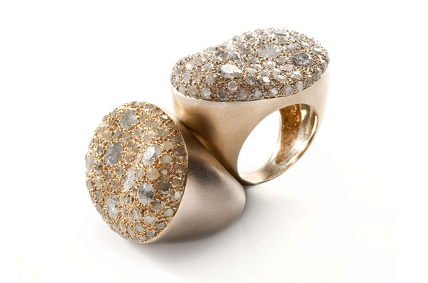 The 18-karat yellow gold “Malak” oval rings feature 8 carats of diamonds ($14,985 each). The 18-karat yellow gold “Malak” oval rings feature 8 carats of diamonds ($14,985 each).