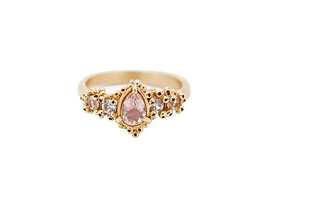Hand-sculpted, cast and uniquely finished in 14-karat yellow gold with white sapphires and morganite, this ring has individually set in place precious stones and was made in Brooklyn by Ruta Reifen with responsibly sourced materials ($1,980). <a target="_blank" href="http://www.rutareifen.com/"><span style="color: #ff0000;">rutareifen.com</span></a>