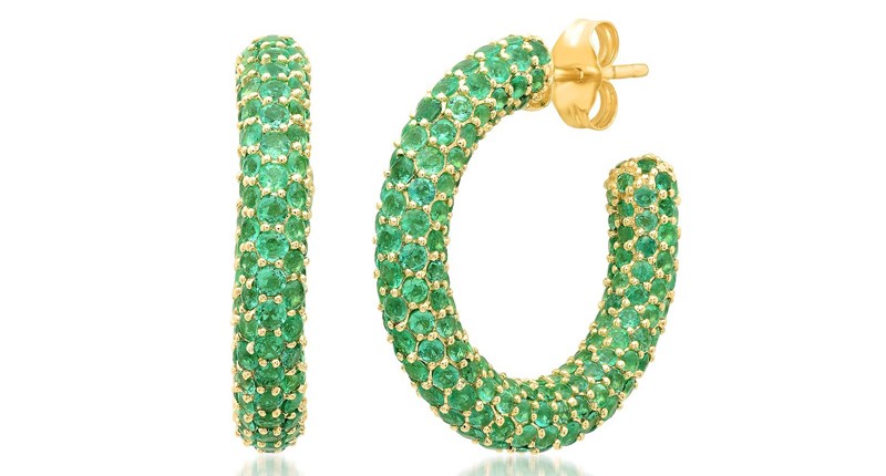<a href="https://www.eriness.com" target="_blank" rel="noopener">Eriness</a> emerald party hoops set in 14-karat yellow gold ($4,575)