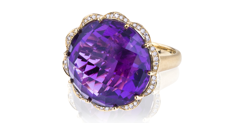 <p><a href="http://www.carelle.com" target="_blank" rel="noopener">Carelle</a> “After Dark” amethyst and diamond petal ring in 18-karat yellow gold featuring an 18.10 carat amethyst ($3,800) </p> <p><a href="http://www.carelle.com" target="_blank" rel="noopener">Carelle</a> “After Dark” amethyst and diamond petal ring in 18-karat yellow gold featuring an 18.10 carat amethyst ($3,800) </p>