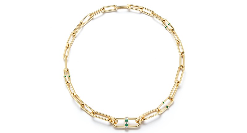<a href="https://www.deborahpagani.com" target="_blank" rel="noopener">Deborah Pagani</a> 18-karat yellow gold Pill Link necklace with emeralds, diamonds and green enamel ($16,000)