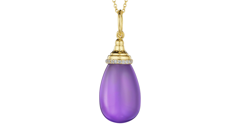 <p><a href="http://www.synajewels.com" target="_blank" rel="noopener">Syna Jewels</a> amethyst drop pendant with diamond trim set in 18-karat yellow gold on 18-inch chain ($2,250) </p> <p><a href="http://www.synajewels.com" target="_blank" rel="noopener">Syna Jewels</a> amethyst drop pendant with diamond trim set in 18-karat yellow gold on 18-inch chain ($2,250) </p>