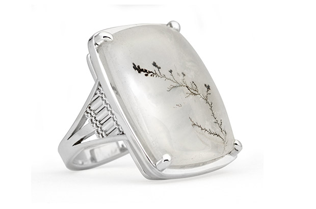 A one-of-a-kind dendritic quartz ring from Edgeworth Jewelry by Mackenzie Law, hand-fabricated in sterling silver with handwoven details ($985)<br />
<a target="_blank" href="http://www.edgeworthjewelry.com/"><span style="color: #ff0000;">edgeworthjewelry.com</span></a>