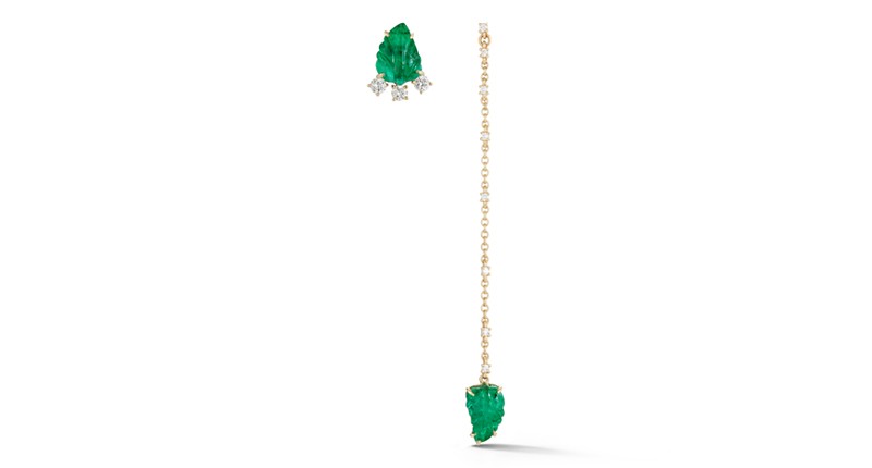 <p>Renna x Muzo asymmetrical high-low earrings in 18-karat yellow gold with diamonds and carved Muzo emerald leaves ($6,000)</p> <p>Renna x Muzo asymmetrical high-low earrings in 18-karat yellow gold with diamonds and carved Muzo emerald leaves ($6,000)</p>