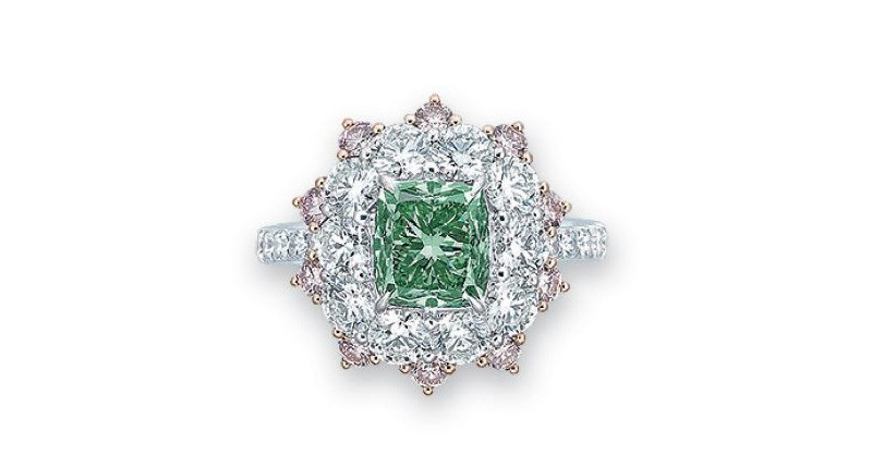 A second green diamond was at the top of Christie’s Hong Kong sale. This ring, set with a 2.08-carat cushion-shaped fancy vivid bluish-green diamond and circular-cut white and pink diamonds mounted in gold, garnered $2.2 million, or approximately $1 million per carat. 