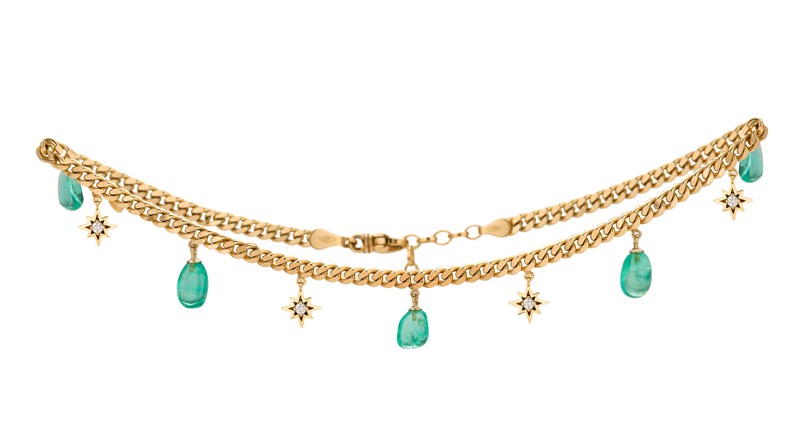 <p>Venyx x Muzo 14-karat yellow gold, diamond and Muzo emerald choker necklace ($9,790)</p> <p>Venyx x Muzo 14-karat yellow gold, diamond and Muzo emerald choker necklace ($9,790)</p>