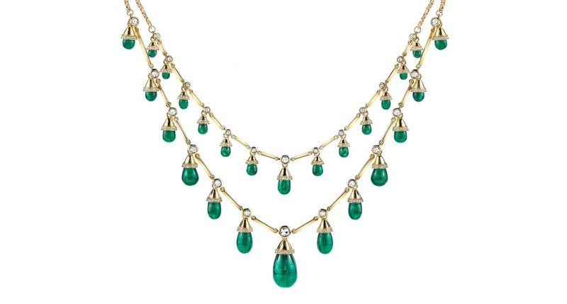 <p><a href="https://www.aggems.com" target="_blank" rel="noopener">AG Gems</a> 18-karat yellow gold necklace featuring 26 tear-drop emeralds accented by rose-cut and round brilliant-cut diamonds ($60,000) </p>