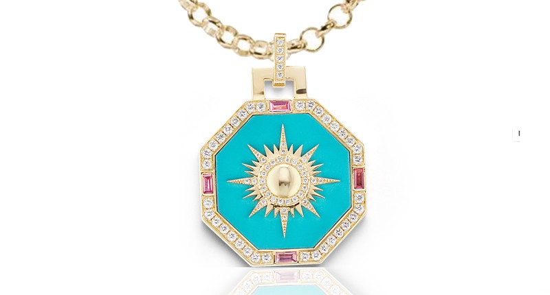 “Sunburst Pendant” in 18-karat yellow gold with turquoise, diamond and sapphires on 18-inch chain ($5,750)