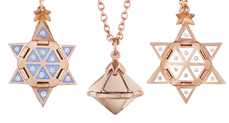 The Star of Creation pendants utilize seven hinges and unfold into a six-pointed star. They begin at $4,580. The Star of Creation pendants utilize seven hinges and unfold into a six-pointed star. They begin at $4,580.