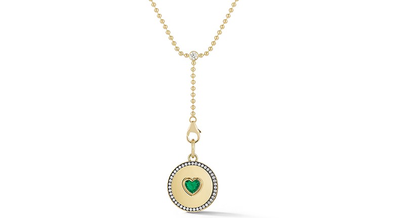 <a href="https://www.jemmawynne.com" target="_blank" rel="noopener">Jemma Wynne</a> 18-karat yellow gold Prive emerald heart pendant with blackened pave diamonds on an 18-karat yellow gold Prive Ball Chain Y necklace with diamond (price available upon request)