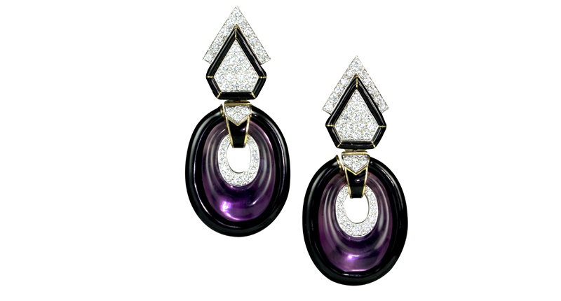 <p><a href="http://www.davidwebb.com" target="_blank" rel="noopener">David Webb</a> amethyst hoops with diamonds and black enamel set in 18-karat gold and platinum ($47,000) </p> <p><a href="http://www.davidwebb.com" target="_blank" rel="noopener">David Webb</a> amethyst hoops with diamonds and black enamel set in 18-karat gold and platinum ($47,000) </p>