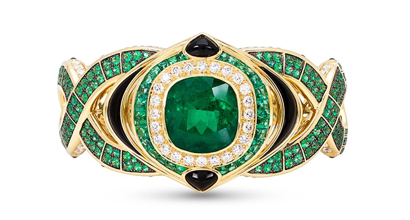 <a href="https://www.marinab.com" target="_blank" rel="noopener">Marina B.</a> Salvia bangle in 18-karat yellow gold with Colombian emeralds, diamonds, black onyx and black sapphires (price available upon request)