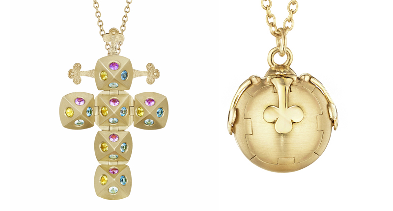 This nine-hinged 18-karat yellow gold Cross Orb Pendant is accented with green, pink and yellow saphires and aquamarines. Cross Pendants start at $5,100. This nine-hinged 18-karat yellow gold Cross Orb Pendant is accented with green, pink and yellow saphires and aquamarines. Cross Pendants start at $5,100.