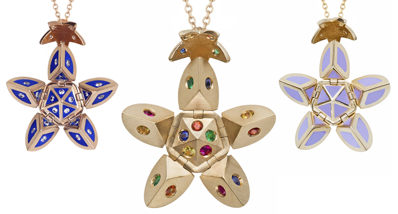 The six-hinged Petal Orb Pendant unfolds into a flower shape. The style starts at $5,164 retail for an 18-karat gold version with ceramic. The six-hinged Petal Orb Pendant unfolds into a flower shape. The style starts at $5,164 retail for an 18-karat gold version with ceramic.