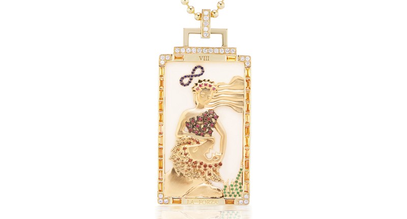 <p>Sorellina Creative Director Nicole Carosella pulled the “Strength” card at a tarot consult in 2019. It was the inspiration that brought the collection to life. The “Strength” pendant ($17,500) in 18-karat yellow gold features more than 14 carats of white onyx, sapphires, diamonds and emeralds on a 20-inch ball chain. The card is associated with overcoming obstacles, courage, confidence, control, compassion and encouragement.</p>
